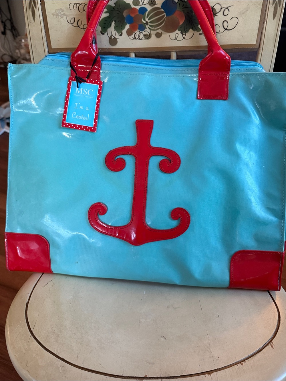Nautical Anchor Blue & Red Vinyl Tote Bag / Cooler Beach Duffle
